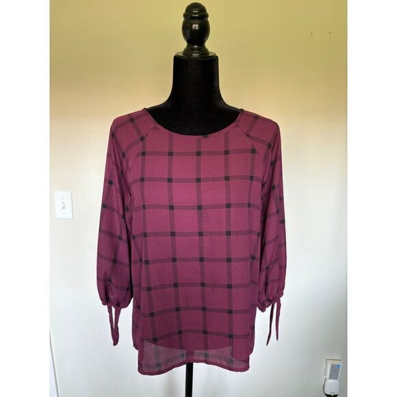 Papermoon Womens Crimson & Black Plaid‎ 3/4 Sleeve Blouse With Back Zipper & Tie - Picture 1 of 3